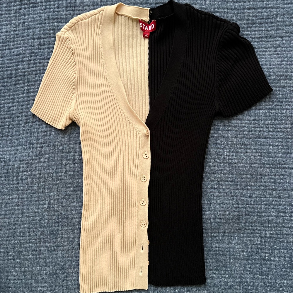 STAUD Shoko Colorblock Black and Cream Ribbed Cardigan
